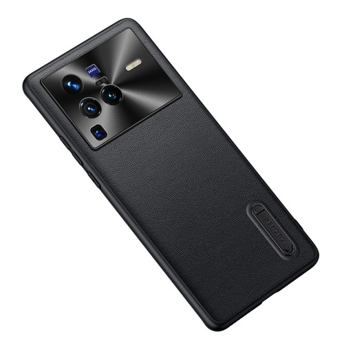 Folding Holder Plain Leather Phone Case for Vivo X80 Pro (Black)