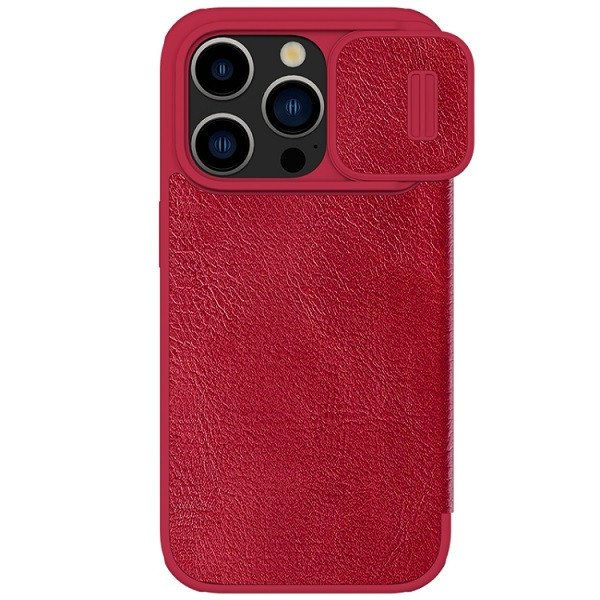 NILLKIN QIN Series Pro Sliding Camera Cover Design Leather Phone Case for iPhone 15 Pro (Red)