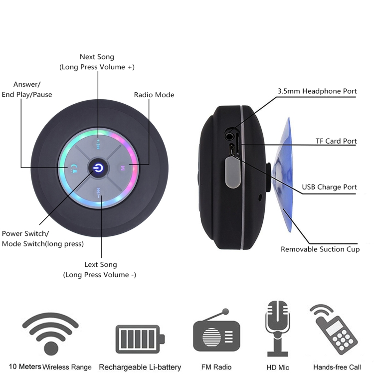 BTS-08 Wireless Bluetooth Speaker Waterproof Subwoofer Bluetooth Column Mini Shower Speaker(Black)